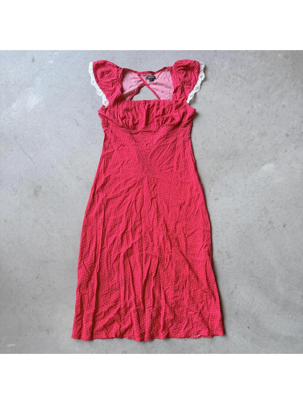 Red Polka Dot Lace Trim Midi Dress XS y2k coquette